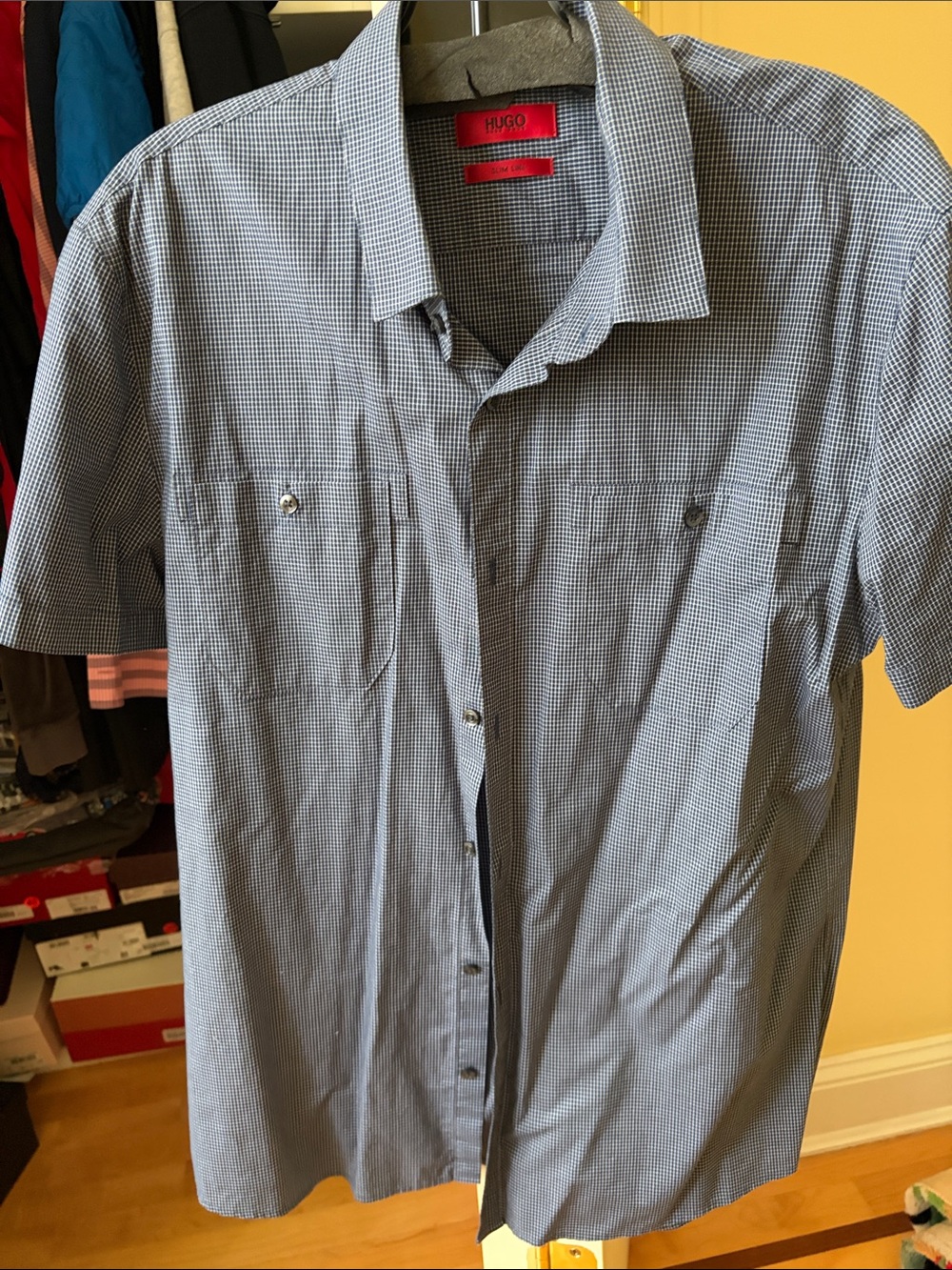Hugo Boss Navy and White Micro-Check Short Sleeve Button-Down Shirt SIZE L
